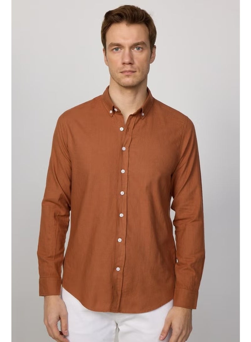 Tudors Slim Fit Long Sleeve Buttoned Collar Linen Brick Men's Shirt - Image 3