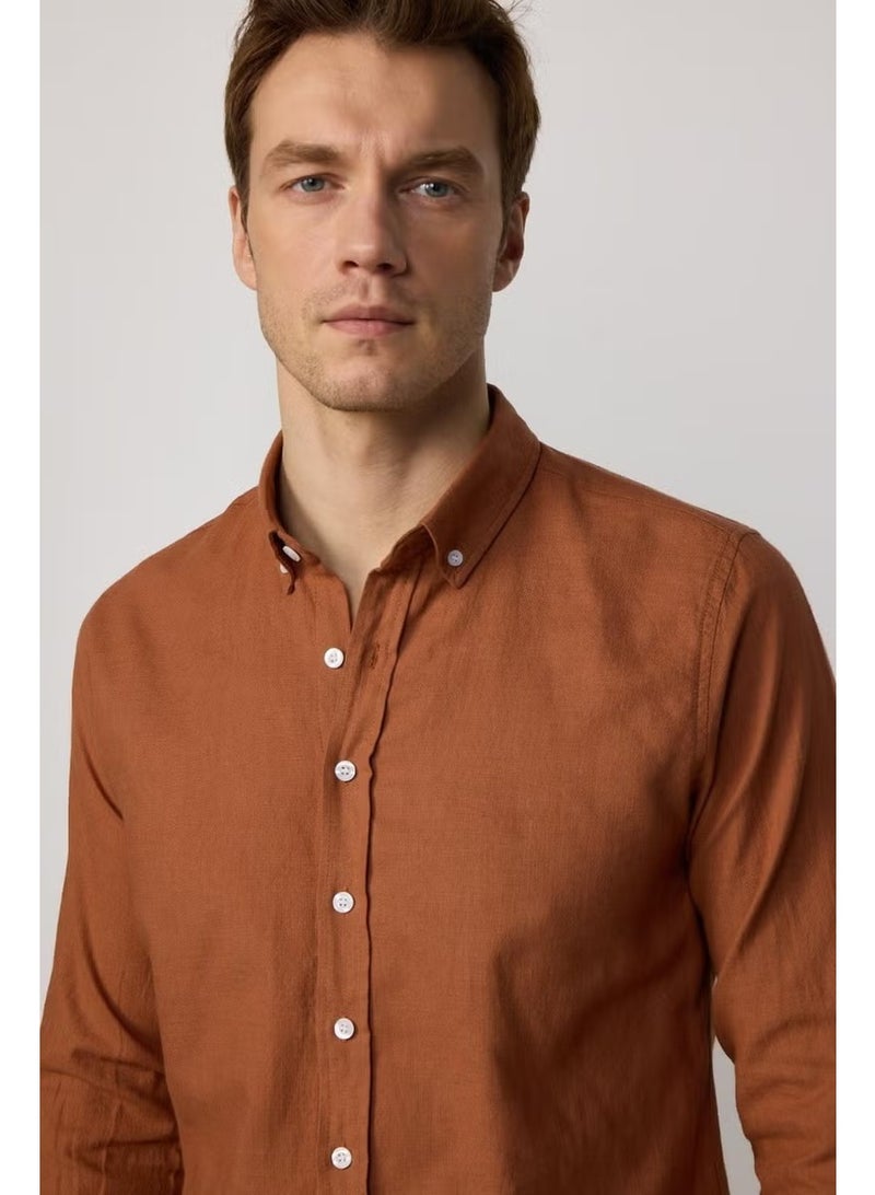 Tudors Slim Fit Long Sleeve Buttoned Collar Linen Brick Men's Shirt - Image 2