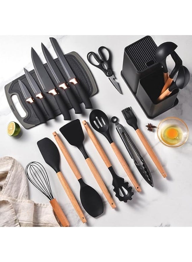 LOISTE 19-Piece Silicone Kitchen Utensils & Knife Set for Cooking with Storage Holder — Heat-Resistant Cooking Tools & Knives for Home Kitchen | BPA Free | Non-Stick | Lightweight | Black Colour - Image 2