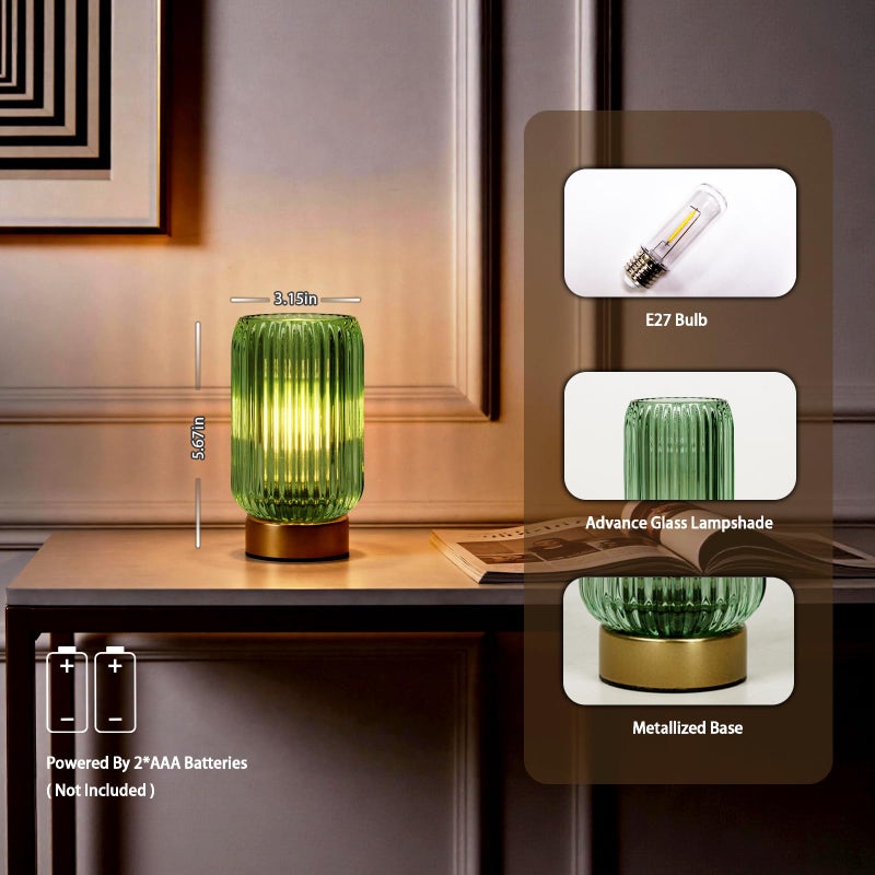 MJ PREMIER Cordless Lamp, Battery Operated Lamp with Timer, Green Glass Lampshade, Small Table Lamps for Area No Plug, Decorative Led Light for Bedroom Living Room Shelf (Green) - Image 3