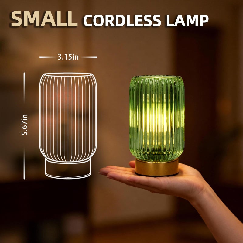 MJ PREMIER Cordless Lamp, Battery Operated Lamp with Timer, Green Glass Lampshade, Small Table Lamps for Area No Plug, Decorative Led Light for Bedroom Living Room Shelf (Green) - Image 2