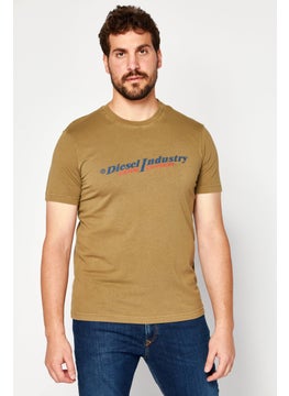 Men Crew Neck Short Sleeves Brand Logo T-shirt, Khaki