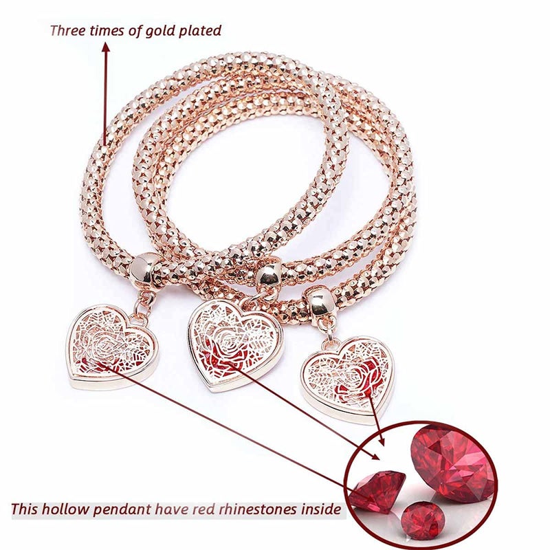 SILANER Crystal Love Charms Multilayer Bracelets - 3PCS Gold/Silver/Rose Gold Corn Chain Bracelet for Women, Rose Heart Charm Shaped Stretch Bracelet - Image 2