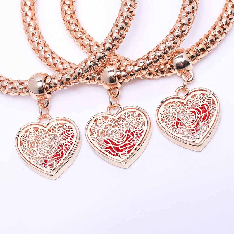 SILANER Crystal Love Charms Multilayer Bracelets - 3PCS Gold/Silver/Rose Gold Corn Chain Bracelet for Women, Rose Heart Charm Shaped Stretch Bracelet - Image 3