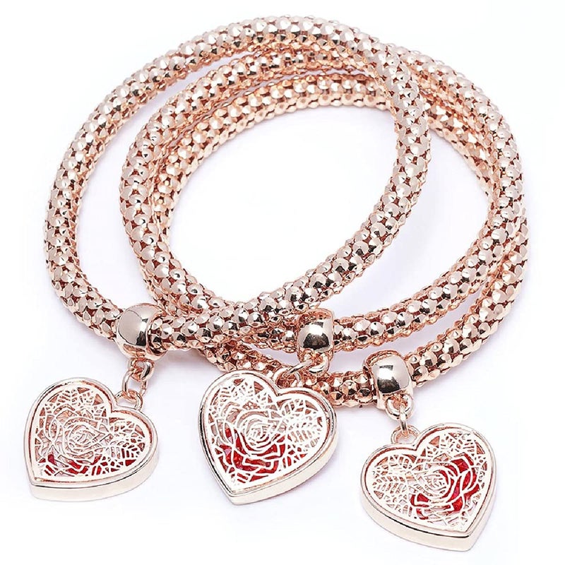 SILANER Crystal Love Charms Multilayer Bracelets - 3PCS Gold/Silver/Rose Gold Corn Chain Bracelet for Women, Rose Heart Charm Shaped Stretch Bracelet - Image 1