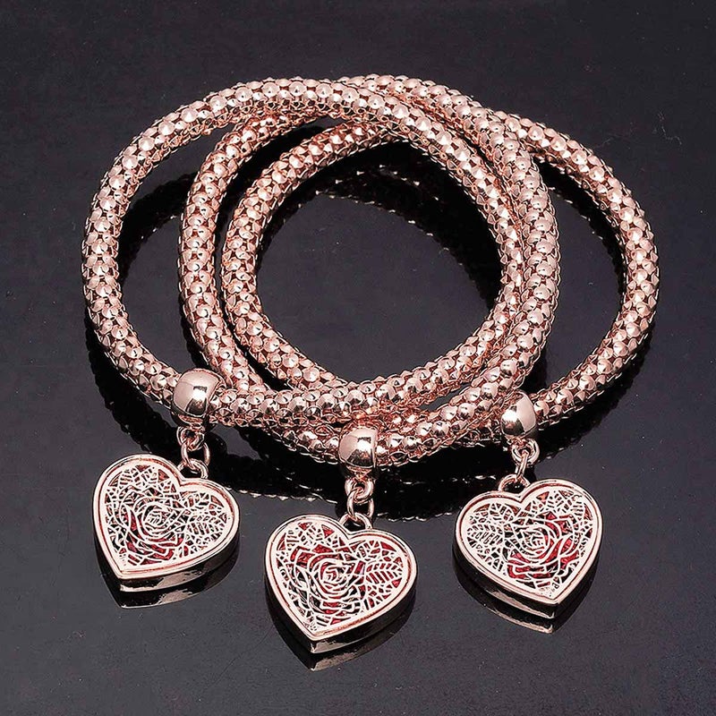 SILANER Crystal Love Charms Multilayer Bracelets - 3PCS Gold/Silver/Rose Gold Corn Chain Bracelet for Women, Rose Heart Charm Shaped Stretch Bracelet - Image 4