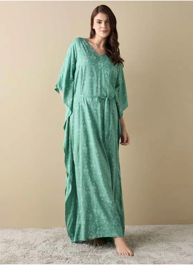 FAV All-Over Floral Print Kaftan Night Gown with Tie-Ups