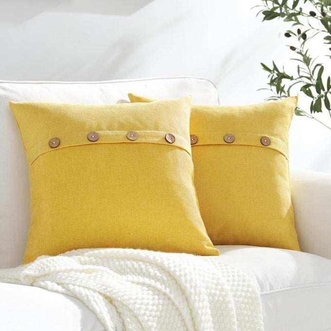 SET OF 2 YELLOW SQUARE PILLOW COVERS 16 X 16 SUMMER PILLOW COVERS WITH COCONUT BUTTONS FOR SOFA COUCH LIVING ROOM BEDROOM SUMMER DECOR