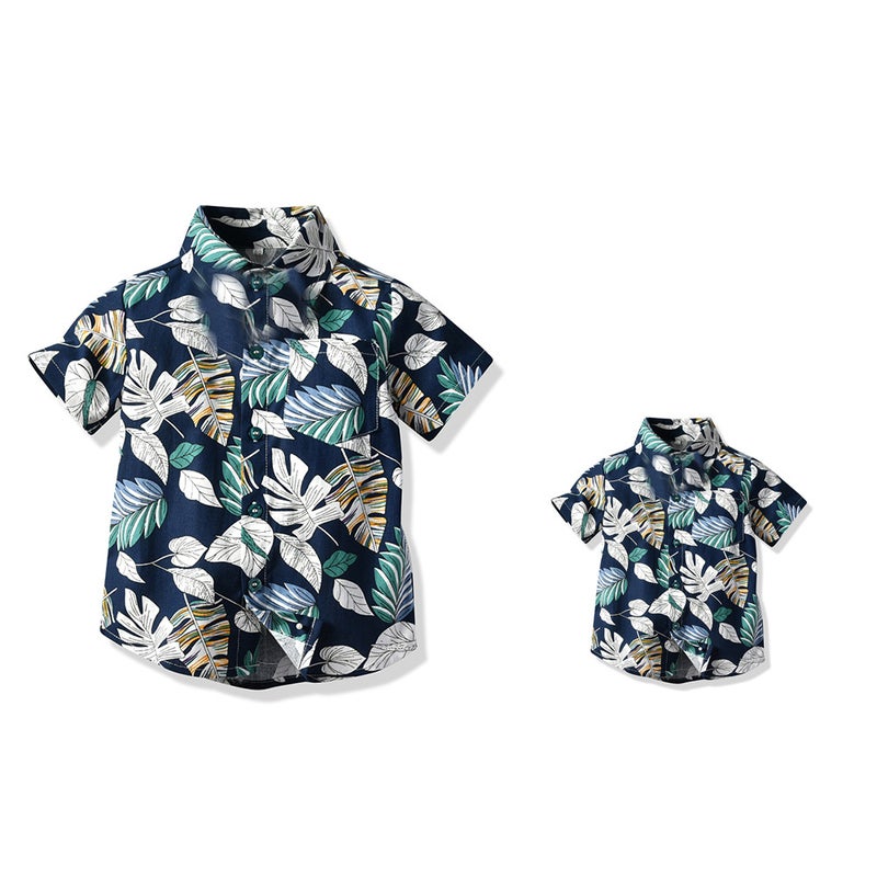Summer Family Wear Flower Short-Sleeved Cotton Shirt Lapel Beach Vacation Parent-Child Trendy Versatile Printed Casual Cardigan - Image 1