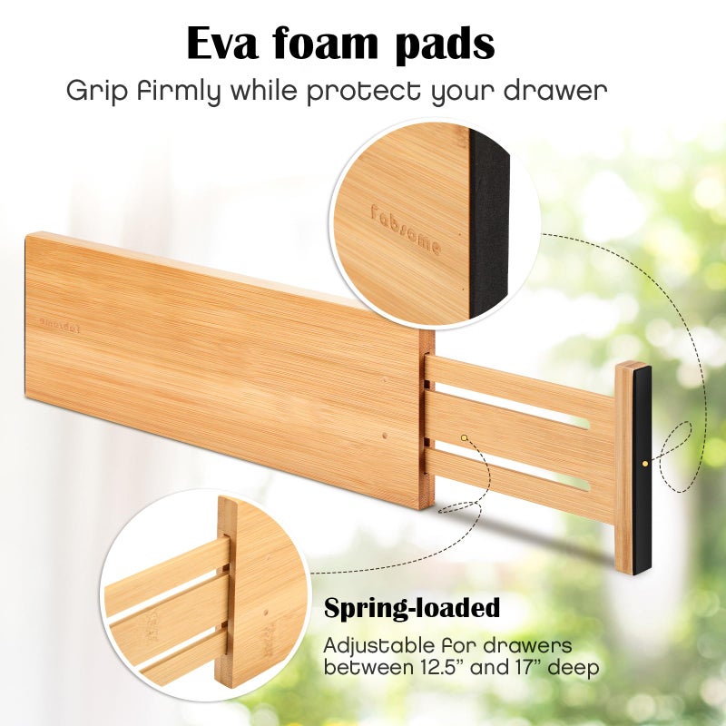 Fabsome Dresser Drawer Organizers 6 Pack 4.65'' High Adjustable From 12.5-17 Bamboo Drawer Dividers For Clothing Baby Clothes Wooden Separators For Dresser Nursery Organization With Soft Foam Ends - Image 5