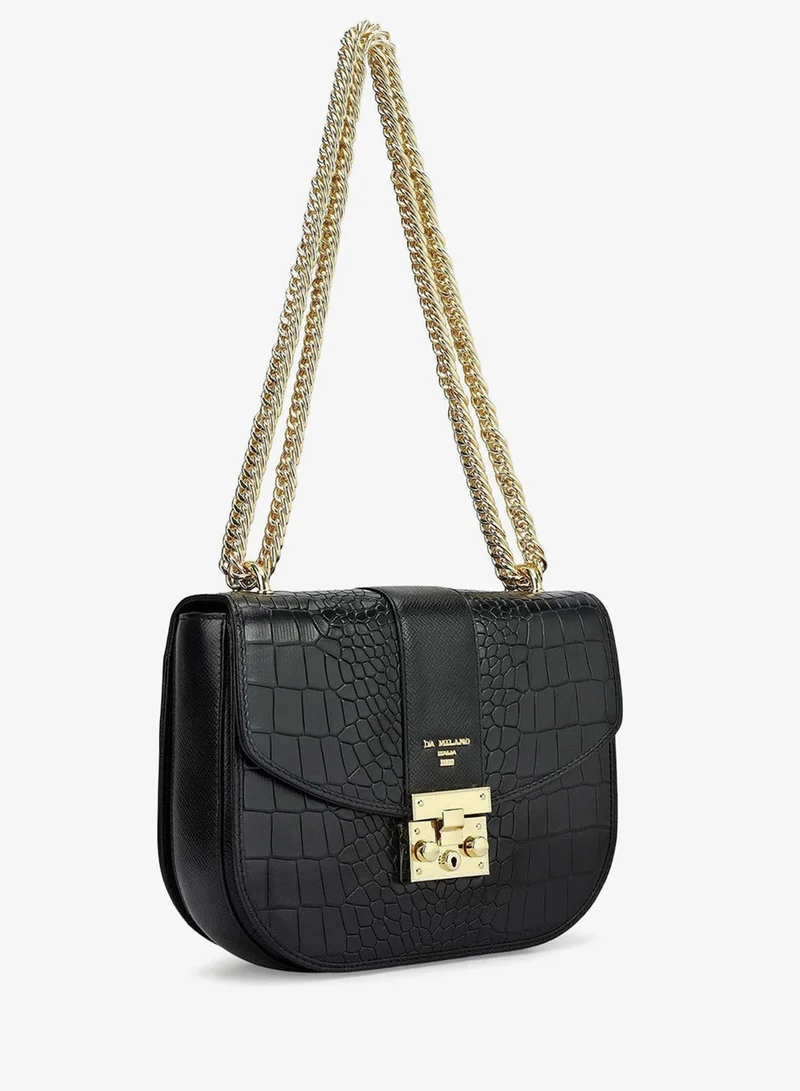 دا ميلانو Da Milano Women's Leather Shoulder Bag - Small Croco Franzy - Black