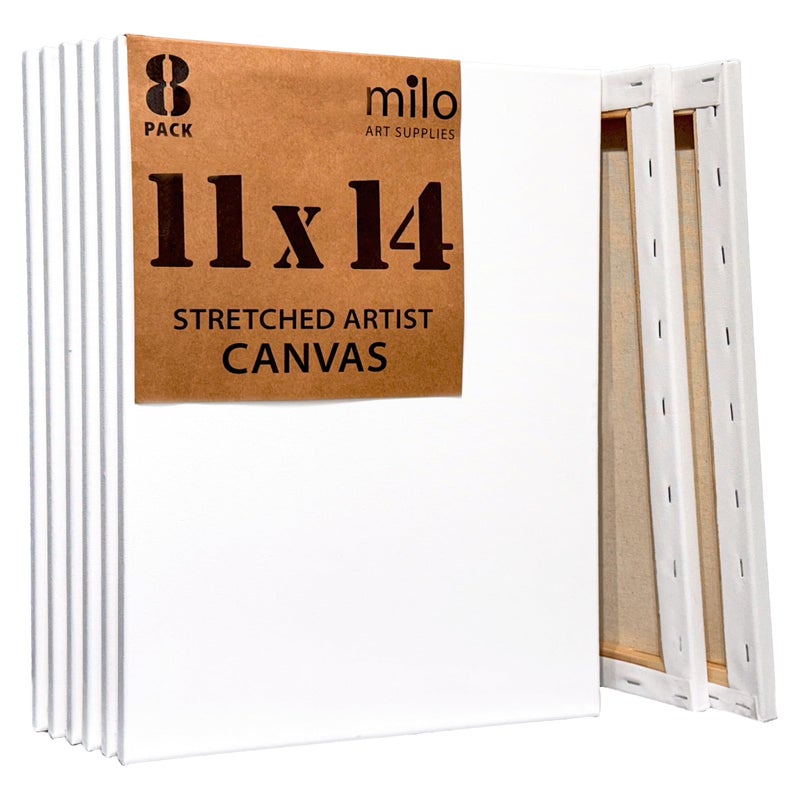 milo Stretched Artist Canvas  11x14 inch  Value Pack of 8 Canvases for Painting Primed  Ready to Paint Art Supplies for Acrylic Oil Mixed Wet Media  Pouring 100 Cotton with Pine Wood Frame