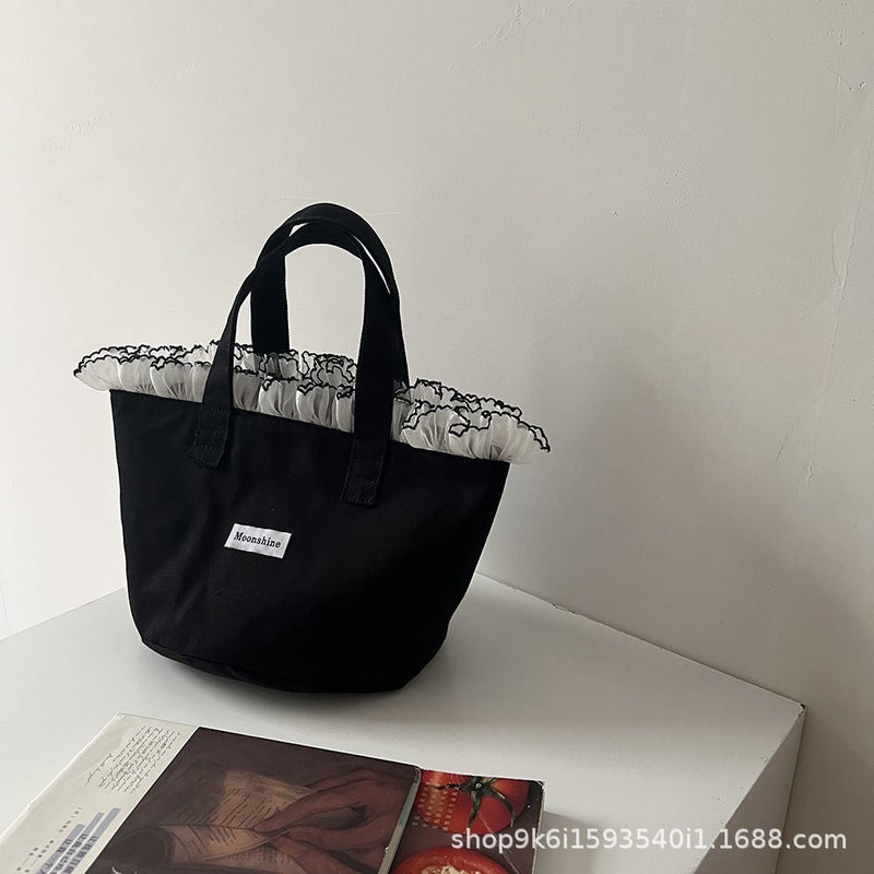 Women's Black Lace-Trimmed Canvas Bucket Bag Large Capacity - Image 4
