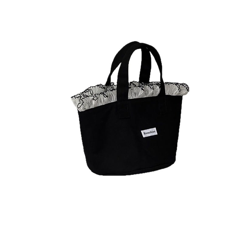 Women's Black Lace-Trimmed Canvas Bucket Bag Large Capacity - Image 5