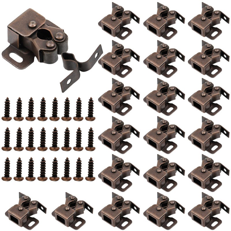 Bonuci 20 Pcs Cabinet Door Latch and Catch Hardware Double Roller Catch Cabinet Latches with Spear Strike for Closet Doors Kitchen (Brown Antique Copper) - Image 1