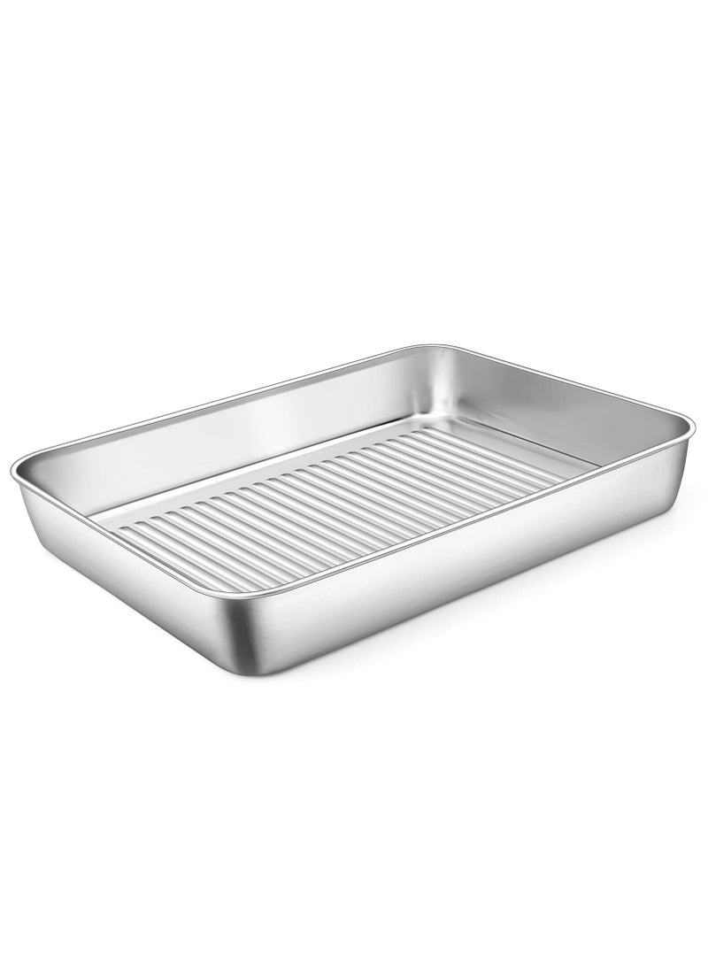 P&P CHEF PP CHEF 124 Inch Deep Rectangular Cake Pan Stainless Steel Baking Pan Lasagna Pan for Toaster Oven For Bake Cookie Cake Meat Corrugated Bottom  Heavy Duty NonToxic  Dishwasher Safe 1Pc 