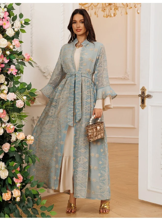 Madam Uniq Embroidered Elegance: Bell Sleeve Maxi Dress with Matching Cardigan Set