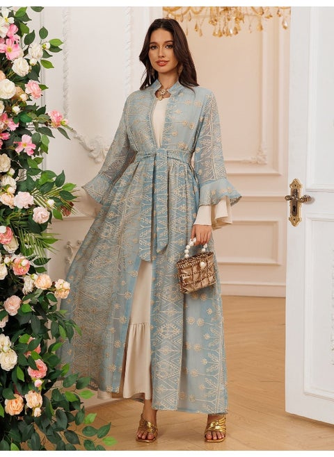 Embroidered Elegance: Bell Sleeve Maxi Dress with Matching Cardigan Set