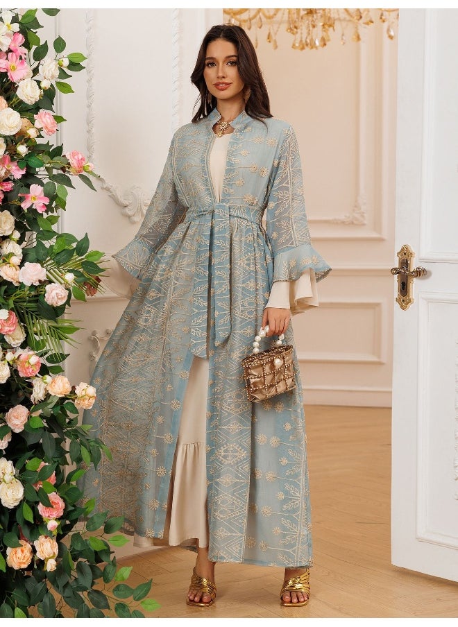 Madam Uniq - Embroidered Elegance: Bell Sleeve Maxi Dress with Matching Cardigan Set - Image 1