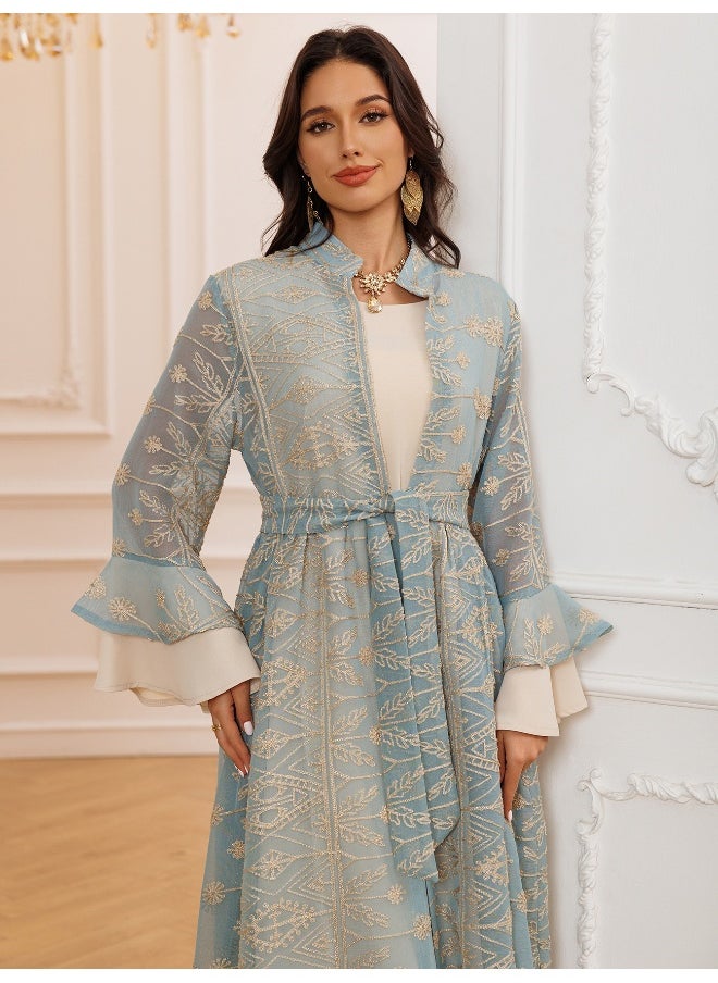 Madam Uniq - Embroidered Elegance: Bell Sleeve Maxi Dress with Matching Cardigan Set - Image 1