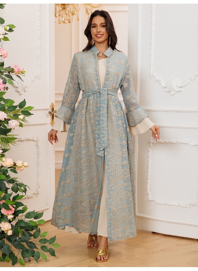 Madam Uniq - Embroidered Elegance: Bell Sleeve Maxi Dress with Matching Cardigan Set - Image 1