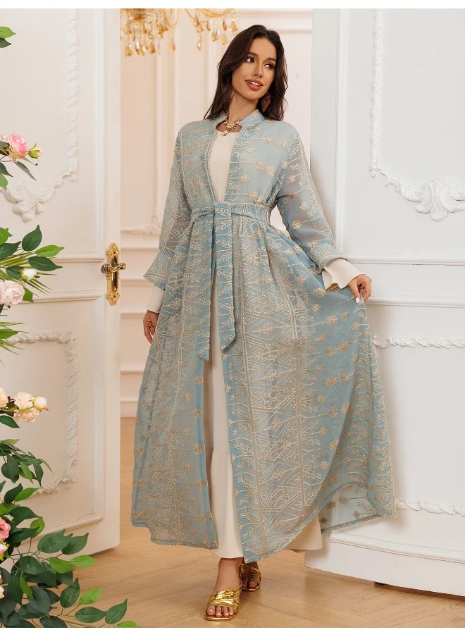 Madam Uniq Embroidered Elegance: Bell Sleeve Maxi Dress with Matching Cardigan Set