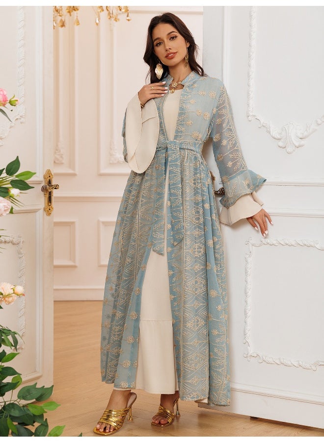Madam Uniq - Embroidered Elegance: Bell Sleeve Maxi Dress with Matching Cardigan Set - Image 1