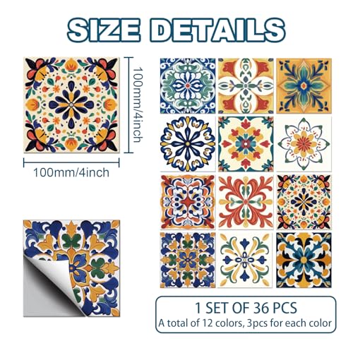 CHGCRAFT 36PCS Mosaic Style Tile Stickers Bohemia Peel and Stick Tile Stickers Mediterranean Style Removable Wallpaper Self Adhesive Wall Decals for Kitchen Bathroom Wall Furniture, 4x4 Inches - Image 2