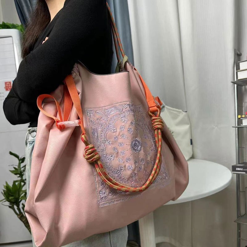Embroidered Leather Tote Bag for Women Pink cashew flower