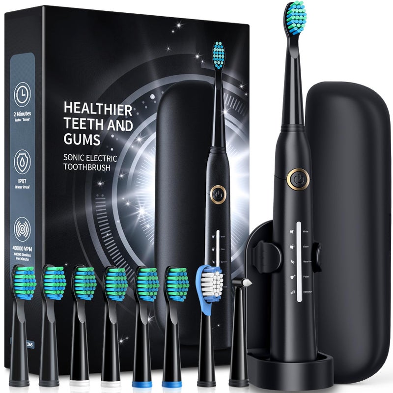 TEETHEORY Electric Toothbrush with Travel Case, Sonic Toothbrush for Adults with 8 Brush Heads for 2-Year Use, 40000 VPM Deep Clean Rechargeable Toothbrushes Last 30 Days with 5 Modes - Image 1