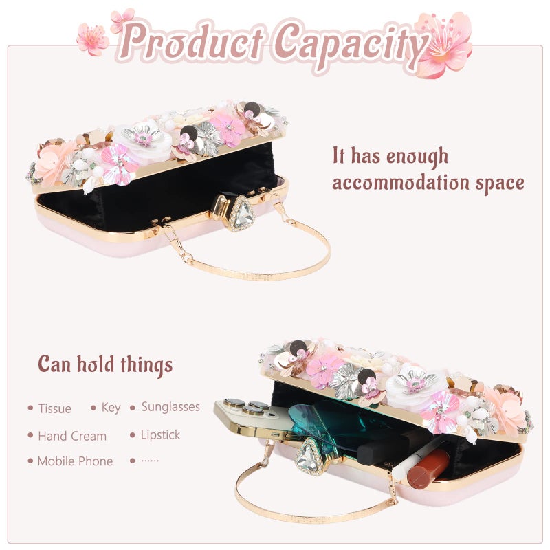 Lanpet Women Clutches Flower Evening Handbag Chain Strap Shoulder Bag Pink - Image 4