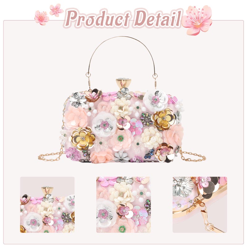 Lanpet Women Clutches Flower Evening Handbag Chain Strap Shoulder Bag Pink - Image 5