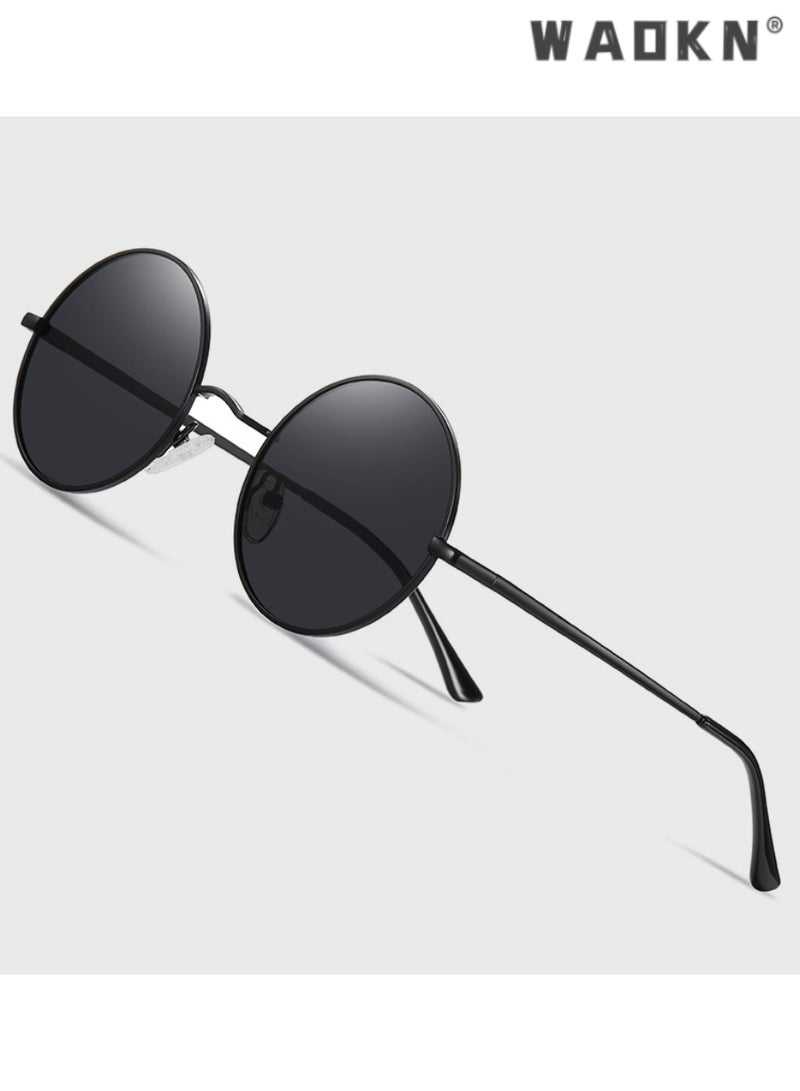 Men's Round Polarized Sunglasses UV400 Protection Sun Glasses with Ultralight Metal Frame Fashion Anti-Glare Sun Shades for Men Women Driving Fishing Golfing Traveling Black