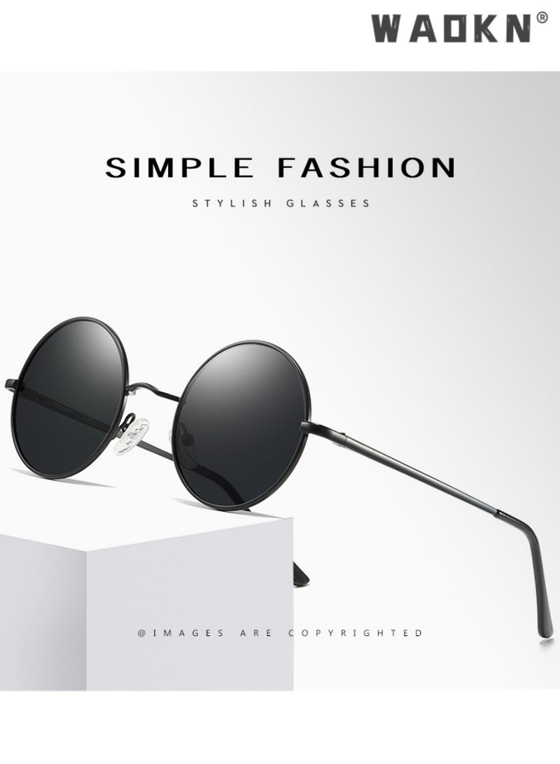 Men's Round Polarized Sunglasses UV400 Protection Sun Glasses with Ultralight Metal Frame Fashion Anti-Glare Sun Shades for Men Women Driving Fishing Golfing Traveling Black