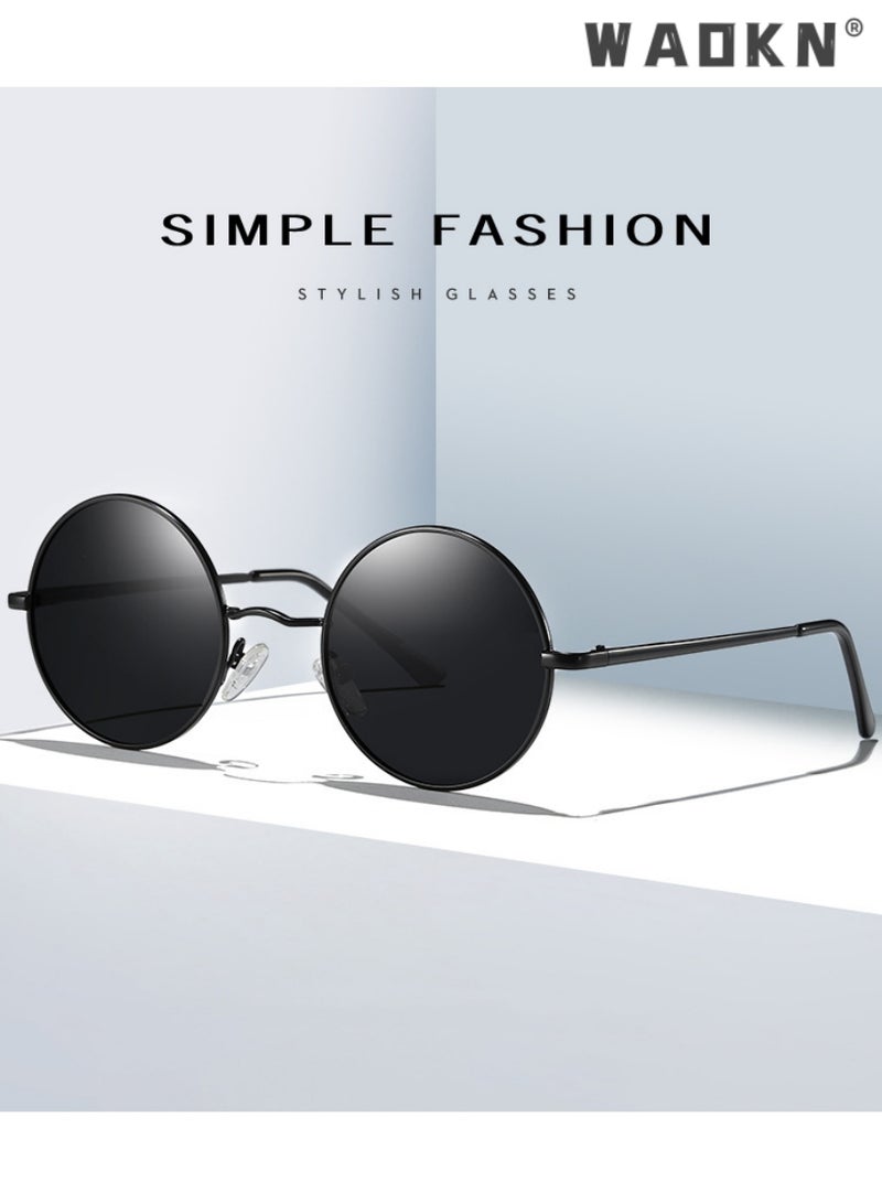 Men's Round Polarized Sunglasses UV400 Protection Sun Glasses with Ultralight Metal Frame Fashion Anti-Glare Sun Shades for Men Women Driving Fishing Golfing Traveling Black
