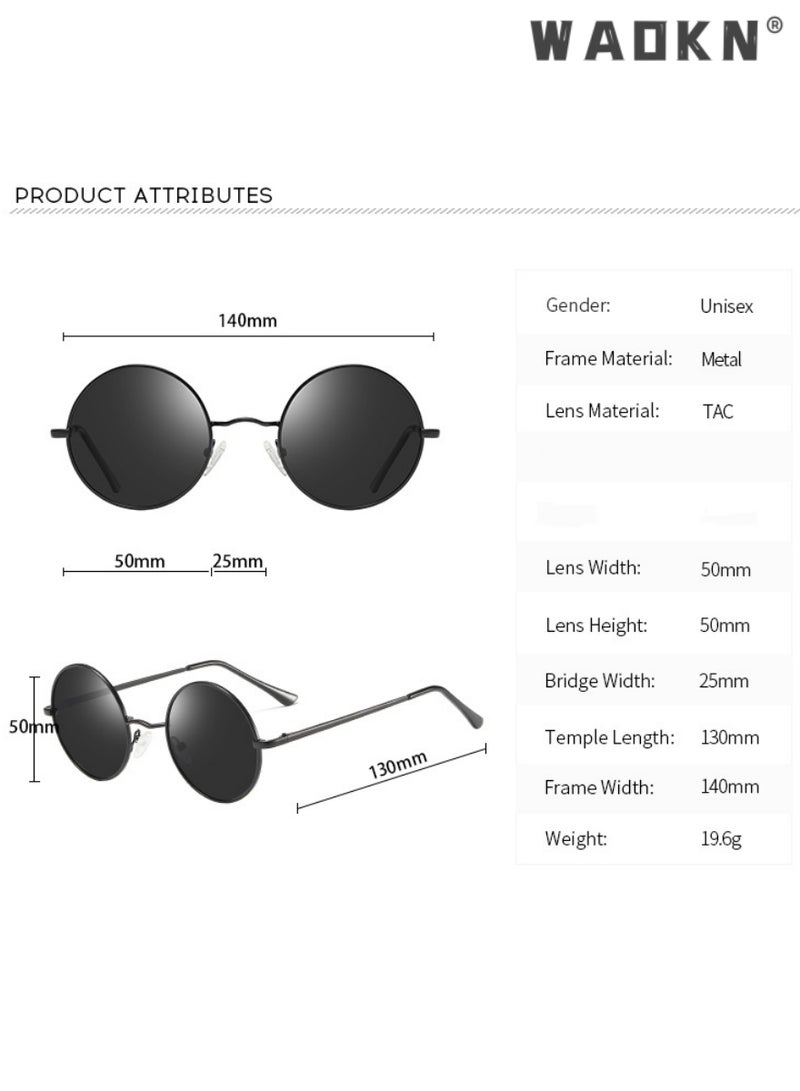 Men's Round Polarized Sunglasses UV400 Protection Sun Glasses with Ultralight Metal Frame Fashion Anti-Glare Sun Shades for Men Women Driving Fishing Golfing Traveling Black