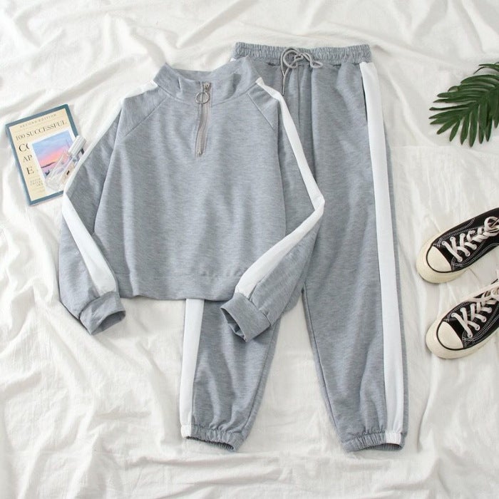 Internet Celebrant Slimming Small Hong Kong Style Casual Fashion Suit Womens Spring and Autumn 2024 New Style Fragrant Style Sports Two-piece Suit light gray - Image 1