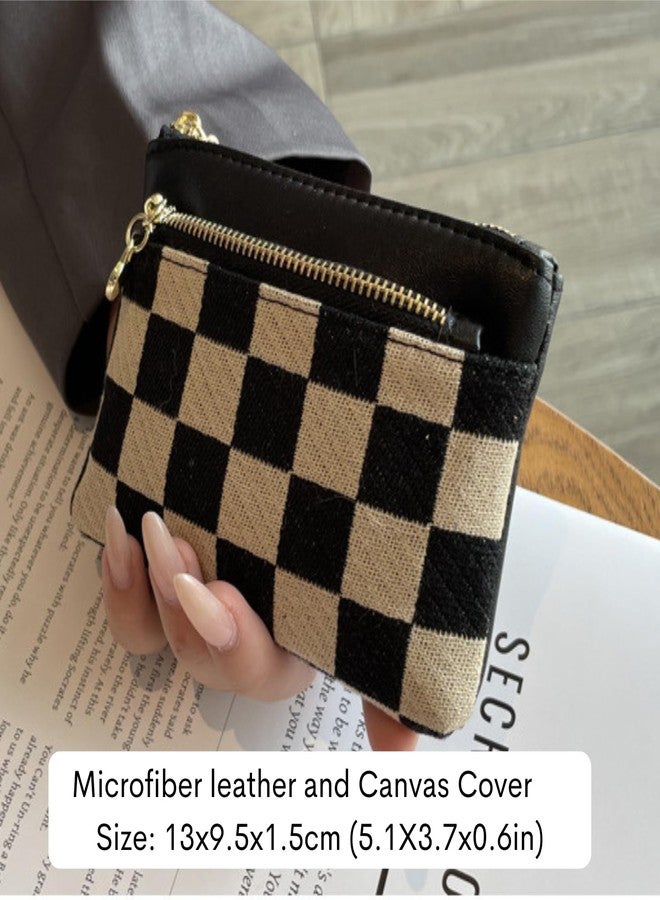 TURBOOST Cute Checker Pattern Coin Purse for Women, Trendy Canvas & Vegan Leather Small Wallet with 3 Zipper Pockets, Compact Minimalist Credit Card Holder Pouch (Black) - Image 3