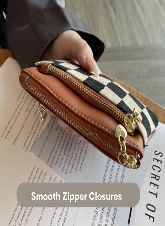 TURBOOST Cute Checker Pattern Coin Purse for Women, Trendy Canvas & Vegan Leather Small Wallet with 3 Zipper Pockets, Compact Minimalist Credit Card Holder Pouch (Black) - Image 4