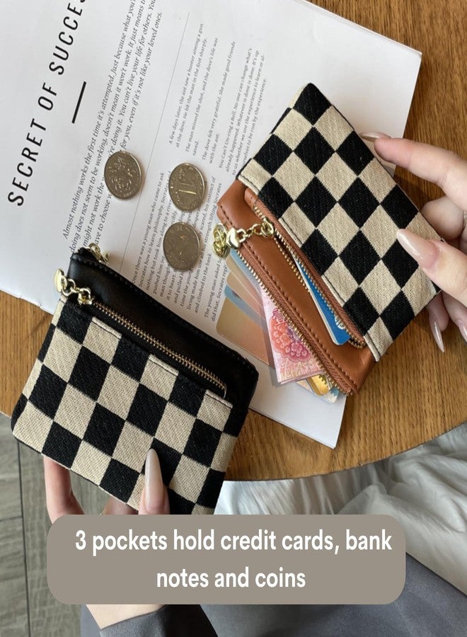 TURBOOST Cute Checker Pattern Coin Purse for Women, Trendy Canvas & Vegan Leather Small Wallet with 3 Zipper Pockets, Compact Minimalist Credit Card Holder Pouch (Black) - Image 5