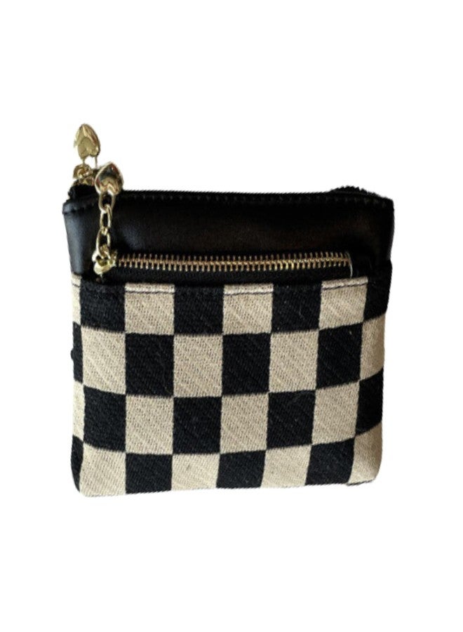 TURBOOST Cute Checker Pattern Coin Purse for Women, Trendy Canvas & Vegan Leather Small Wallet with 3 Zipper Pockets, Compact Minimalist Credit Card Holder Pouch (Black) - Image 1