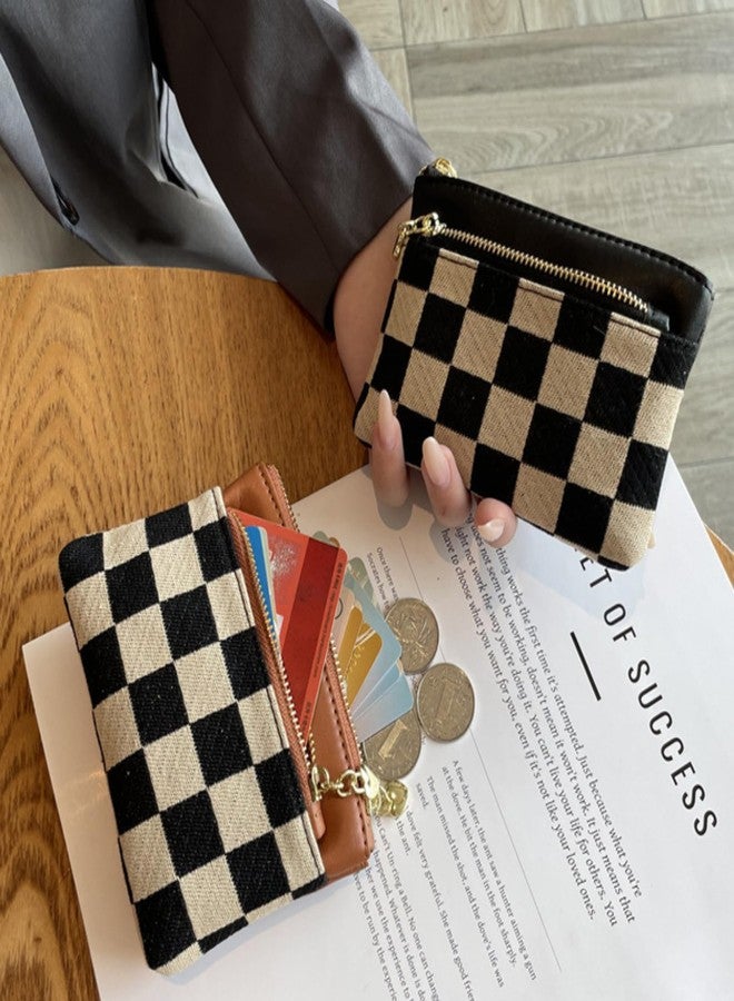 TURBOOST Cute Checker Pattern Coin Purse for Women, Trendy Canvas & Vegan Leather Small Wallet with 3 Zipper Pockets, Compact Minimalist Credit Card Holder Pouch (Black) - Image 2