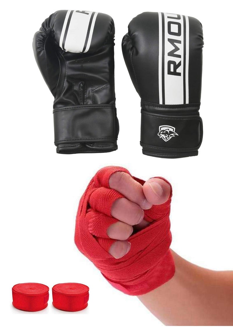 IWIN Our Black Boxing Gloves for Training & Muay Thai | Maya Hide Leather Gloves for Sparring, Kickboxing, Fighting, Punch Bags with Red Hand Wraps(Boxing Tape), Black Red, 10 oz - Image 1