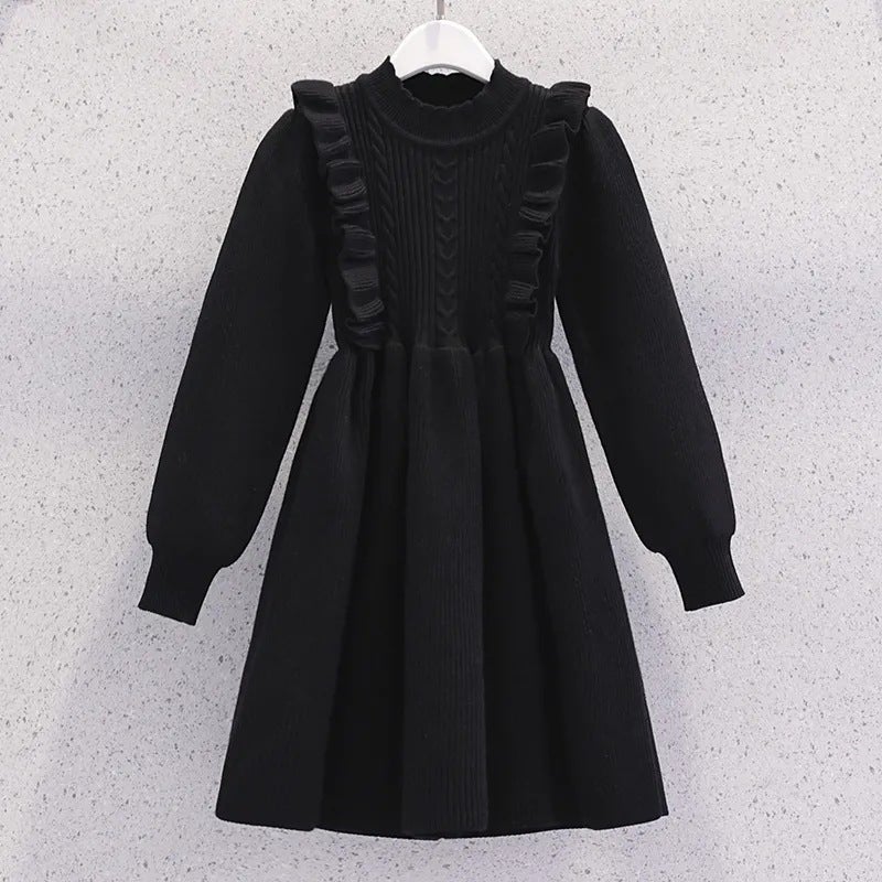Primary and Middle School Students Autumn and Winter New Temperament Ladies dress Girls Fashion Solid Color Long Sleeve Knitted Sweater Skirt Black