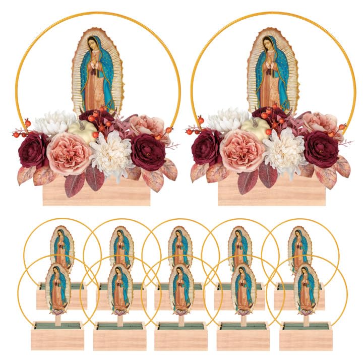 Kuabiz 12 Pcs Our Lady of Guadalupe Wooden Table Centerpieces Virgen De Guadalupe Planter Box with Gold Metal Ring Baptism Favors for Guests Table Decor First Communion Gifts Catholic Favors - Image 1