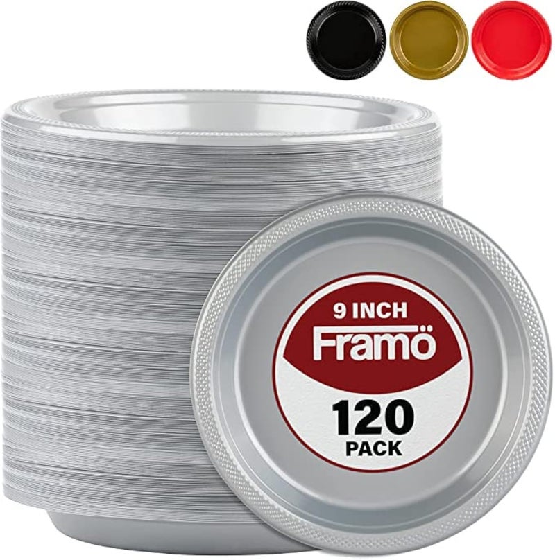 FRAMO Disposable Plastic Plates Pack of 1209Inch Round Plastic Plates SILVER 9INCH 120 PACK