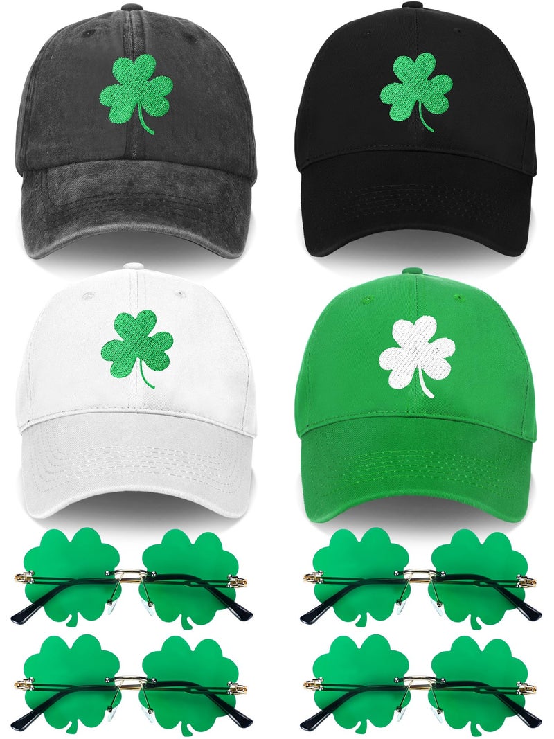 Breathffy 4 Pcs St. Patrick's Day Shamrock Baseball Hat and 4 Pcs Irish Clover Sunglasses Leprechaun Unisex Adjustable Embroidery Baseball Cap for Men Women Party Green Decor Accessories - Image 1