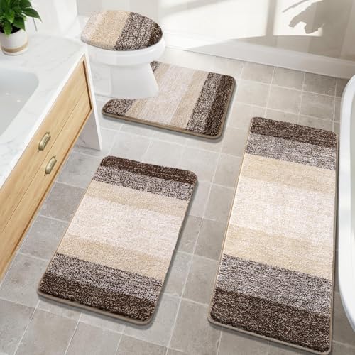Bsmathom Bathroom Rugs Sets 4 Piece with Toilet Cover Plush Shaggy Bath Rugs Set Non Slip Washable Absorbent Microfiber Bath Mat with UShaped Contour Toilet Mat for Bathroom Dark Coffe