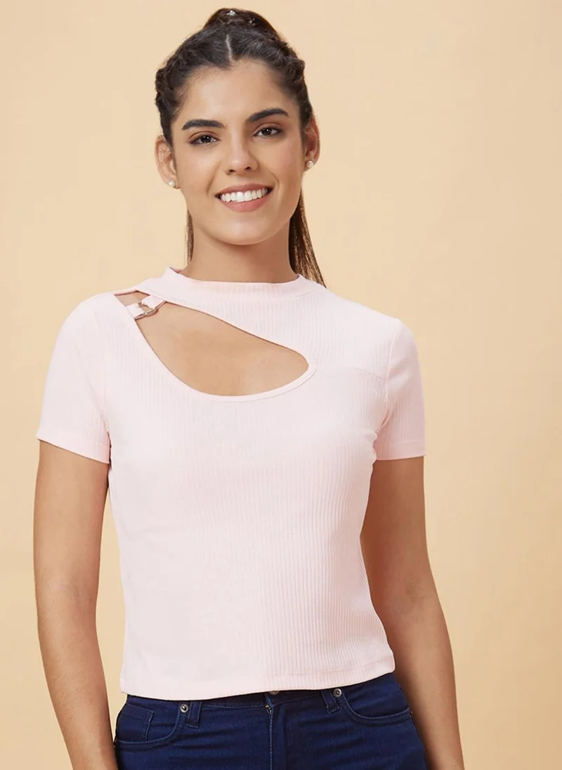 globus Globus Women Pink Ribbed Cut Out Fitted Top