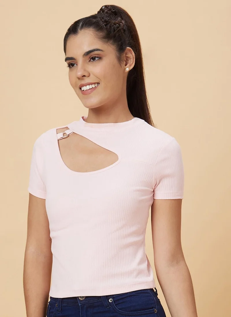 globus Globus Women Pink Ribbed Cut Out Fitted Top